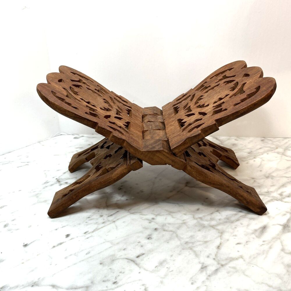 Vintage Hand Carved Wooden Bible Book Cookbook Quran Holder Stand Display Large